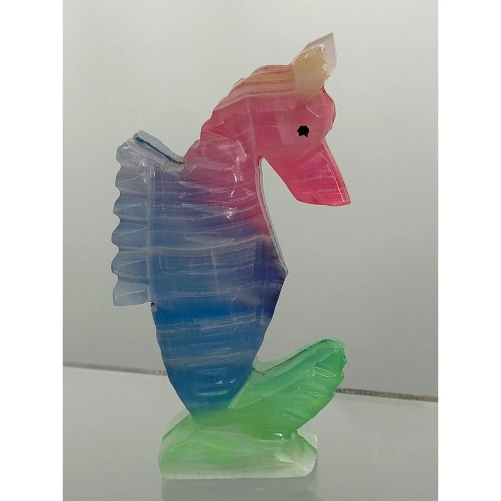 Seahorse & Fish Stone Marble Colorful Carved Stone Ocean Nautical Tropical Set
